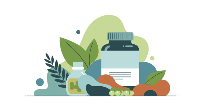 Assorted health supplements and natural remedies illustration.