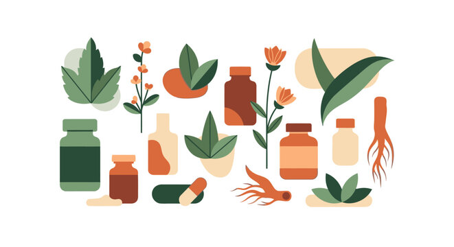 Assorted herbal remedies and natural ingredients for wellness and health.