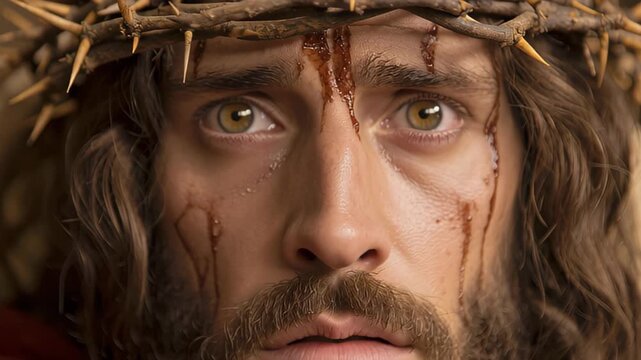 Man wearing a crown of thorns with blood on his face, depicting the suffering of Jesus Christ. Religious crucifixion theme for Easter.