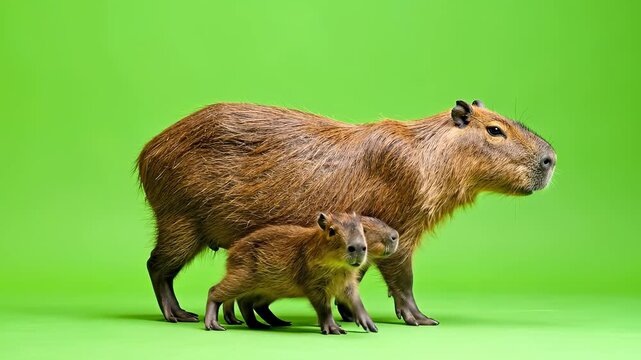 Capybara Family Posing Together on a Bright Green Background.