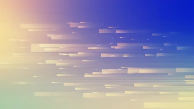 Expansive abstract gradient video of soft beige, warm orange, deep blue, and light cyan colors slowly evolving, pulsing, and shifting with animated dancing pixels. Calm digital elegance