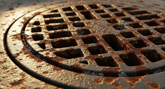 Rust stain on drain cover with textured surface in urban setting  