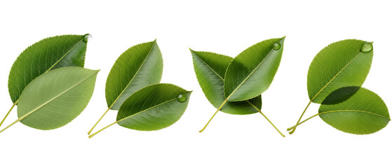 Set of fresh green leaves isolated on a white background.