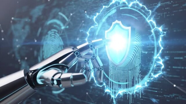 Digital Sentinel: A robotic hand interacts with a glowing shield icon, symbolizing cybersecurity, digital safety, and technological protection within the futuristic landscape.