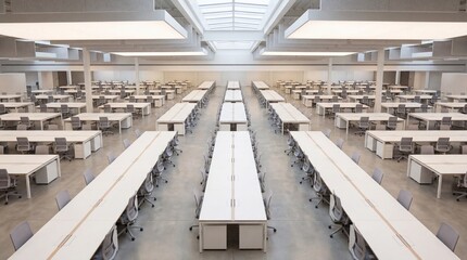 Fototapeta premium High Angle View of Massive Empty Open-Plan Corporate Office with Rows of White Desks