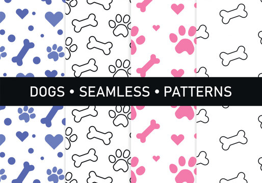 Set of cute seamless dog patterns with paw prints, bones and hearts. Playful pet backgrounds
