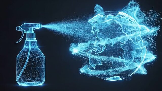 Global Cleanliness: A visual representation of global hygiene, depicting a spray bottle sanitizing the world with precision and care.