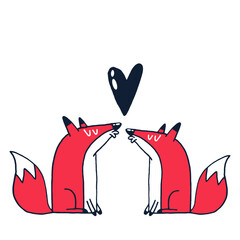 cute hand drawn fox couple kissing with heart symbol. Romantic cartoon animal illustration about love, relationship and valentine&rsquo;s day isolated on white background