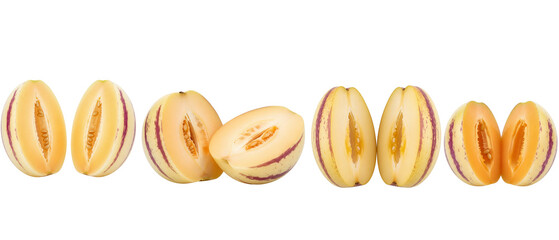 Set of fresh ripe pepino melons whole and sliced in half isolated on a white background.