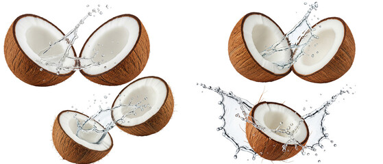 Set of fresh ripe coconut halves with a dynamic water splash isolated on a white background.