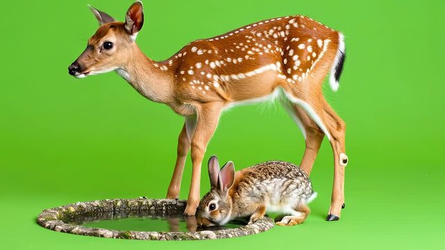 Deer and Rabbit Drinking Water Together in Nature.