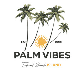 Naklejka premium Abstract palm tree artwork. Summer good vibes vector graphic design for apparel, stickers, posters, background and others. Tropical beach island design. Sunshine paradise artwork.