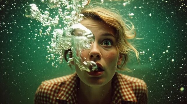 Woman with wide eyes underwater