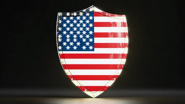 Rugged 3D military shield with American flag pattern, weathered battle-worn metal shield on black background, patriotic US defense and protection concept.