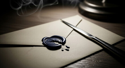 Closed envelope with wax seal and quill on wooden table  