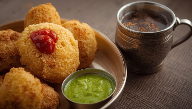 Fafda, a popular Indian snack, comes with tomato ketchup, mint chutney, and hot tea