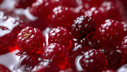 Raspberries with Juice Droplets on Dark Background Close-up