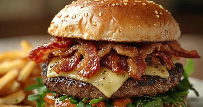 A close-up shot showcases a delicious burger with bacon, cheese, and fries, perfect for a tasty meal.