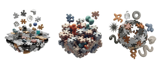 Three abstract 3D puzzle structures symbolizing complexity connection and problemsolving.