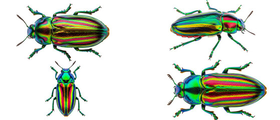 Vibrant collection of four iridescent jewel beetles isolated on a white background.