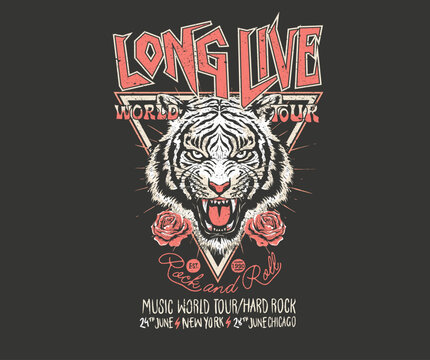 Tiger face with rose flower artwork. Animal rock and roll artwork for fashion and others. Tiger rock and roll poster design. Fearless tiger print design. Wild at the heart vector.