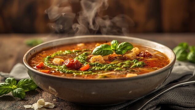 Genovese vegetable soup with basil pesto