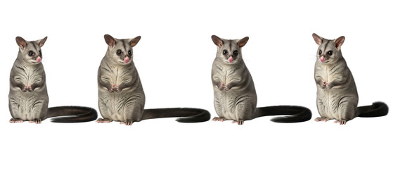 Vintage scientific illustration of four Australian brushtail possums in a row.