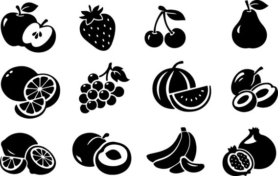 Fruit Silhouette Bundle Black Vector Set Apple Strawberry Cherry Pear Citrus Grape Watermelon Banana Fig Icons for Cricut Cutting Engraving