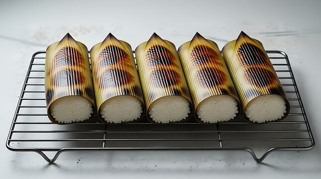 Pulut Panggang arranged on a minimalist metal rack. 