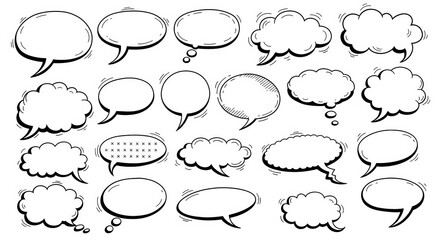 Fototapeta premium Collection of various speech bubbles in different shapes and sizes, featuring empty spaces for text, ideal for graphic design and communication projects with creative expression