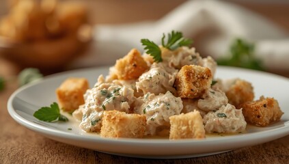 Homemade chicken salad with crunchy bread pieces