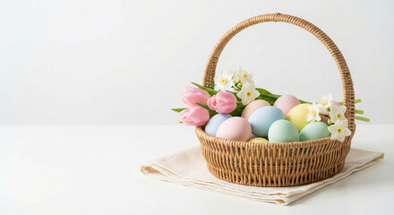 Fototapeta premium Easter basket with pastel colored eggs on light background, minimalist spring still life, soft natural light.
