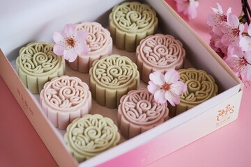 Fototapeta premium Premium pastel mooncake box decorated with sakura flowers, representing upscale asian confectionery, cultural gifts, and delicate dessert presentation
