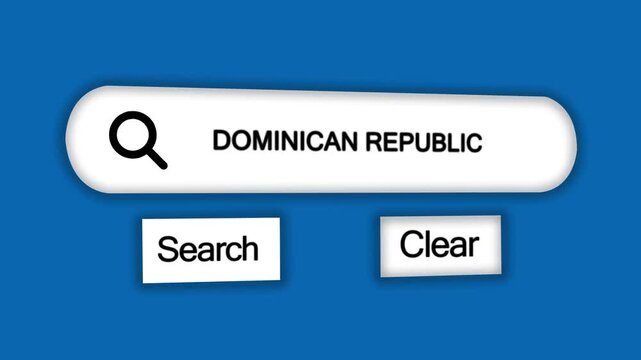 A digital search bar interface the text DOMINICANREPUBLIC with a magnifying glass and search and clear buttons on a bright blue background