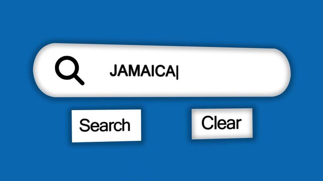 A digital search bar interface the word JAMAICA with a magnifying glass and search and clear buttons on a vibrant blue background with a subtle