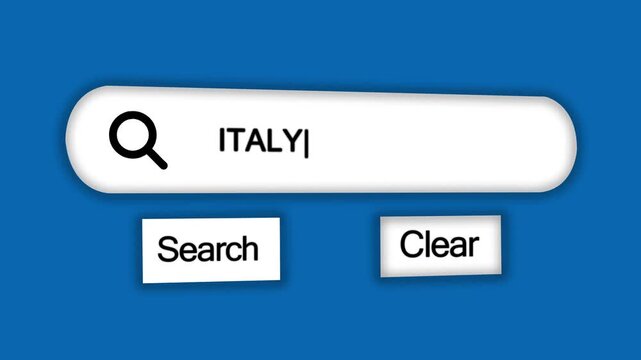 A digital search bar interface the word ITALY with a magnifying glass and search and clear buttons on a vibrant blue background with a subtle shadow