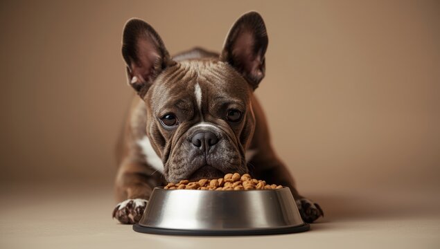 Hungry French bulldog feasting from his bowl