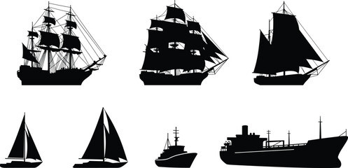 Black silhouettes of various sailboats and cargo ship on white background © Riyaj Vector Valley