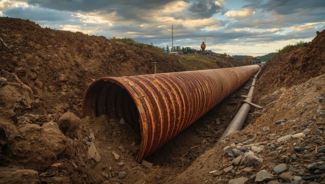 Image of a rusted corrugated metal drainage culvert being replaced with a new pipe
