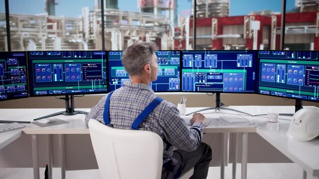 Male Technician Monitoring Efficiency At Oil Refinery