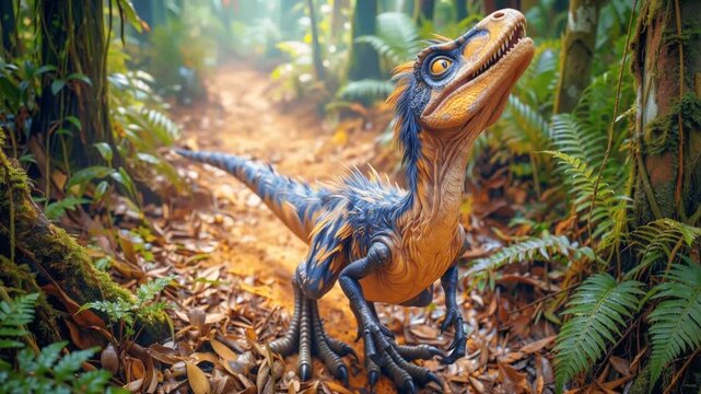 Feathered dinosaur standing on forest floor covered in dry leaves. Prehistoric predator in tropical jungle environment. Lockdown shot.