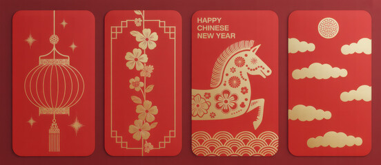 Happy Chinese New Year 2026 hongbao red envelope design vector. Collection of Chinese festival with gold ingot, coin, Year of the horse. Elegant oriental ang pao illustration for greeting card.