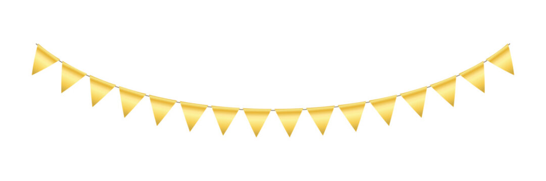 Golden triangle party bunting border. Gold festive flag garland. Birthday party bunting. Yellow flag ribbon chain. Carnival banner. Design element. Vector illustration isolated on white background.