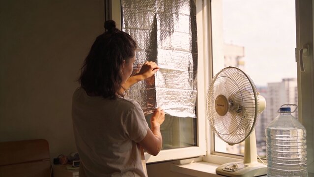 Young adult woman sealing window with reflective insulation, home cooling and energy saving DIY, hot summer apartment mood with simple indoor heat protection