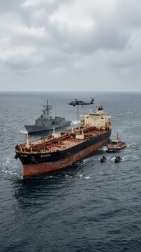 Naval forces conducting maritime interdiction operation on oil tanker of shadow fleet. Military helicopter hovering over vessel with patrol boats alongside. High angle panning shot.