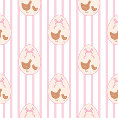 Cute Easter seamless pattern with chickens in decorated eggs and pastel pink stripes, nursery textile design. Farm animal and bown
