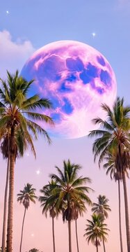 Moonlit Ocean with Palm Silhouettes, Dreamy Tropical Night Background
