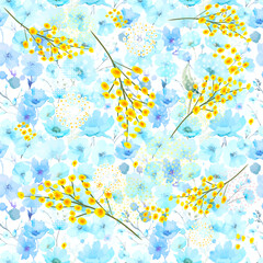 Fototapeta premium Seamless background with blue watercolor flowers and mimosa. Hand drawn. Not AI, vector illustration.