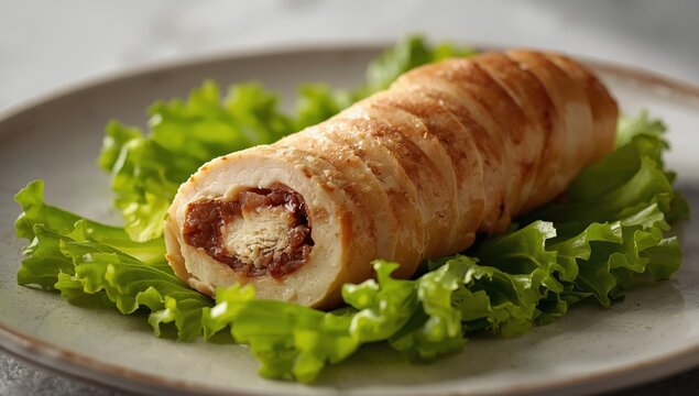 Meat-filled chicken roll on lettuce