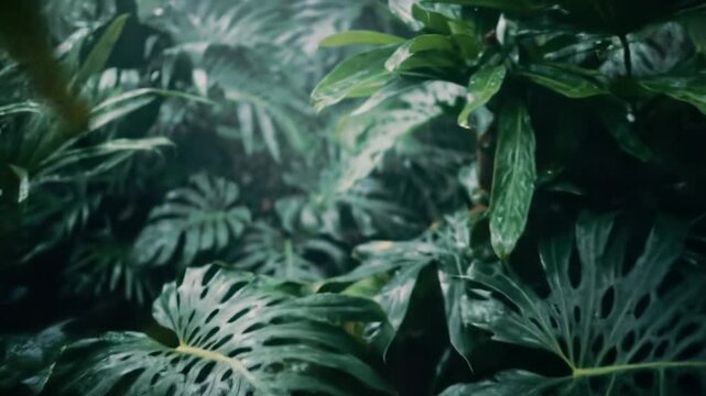 Slow push-in video through dense, lush tropical foliage with vibrant palm, Monstera, and Philodendron leaves, glistening dew drops, soft light, bokeh background, concept of natural purity and vitality
